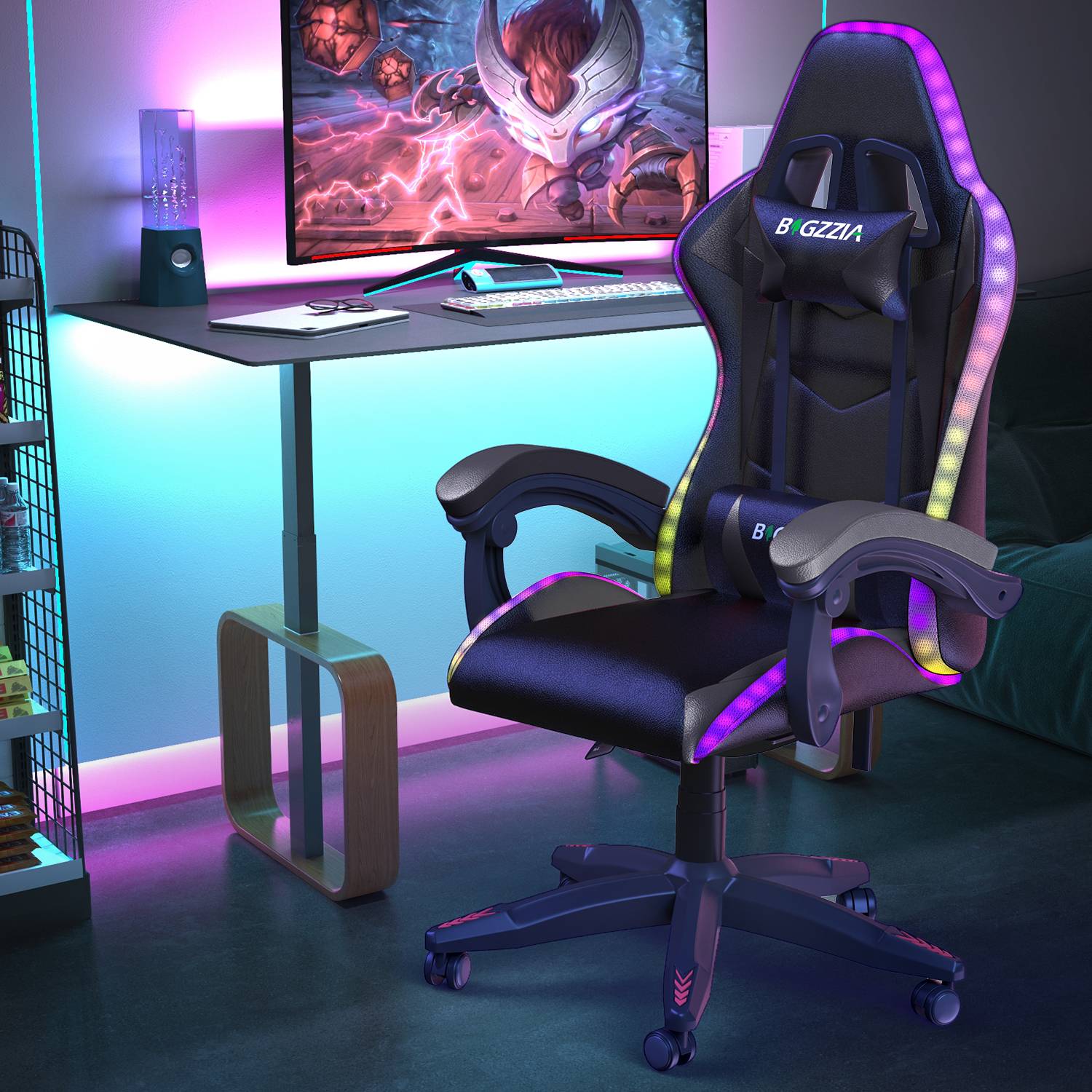 Sedia da Gioco Ergonomica con Luci LED RGB, Reclinabile, Poggiatesta e Supporto Lombare Stile Racing