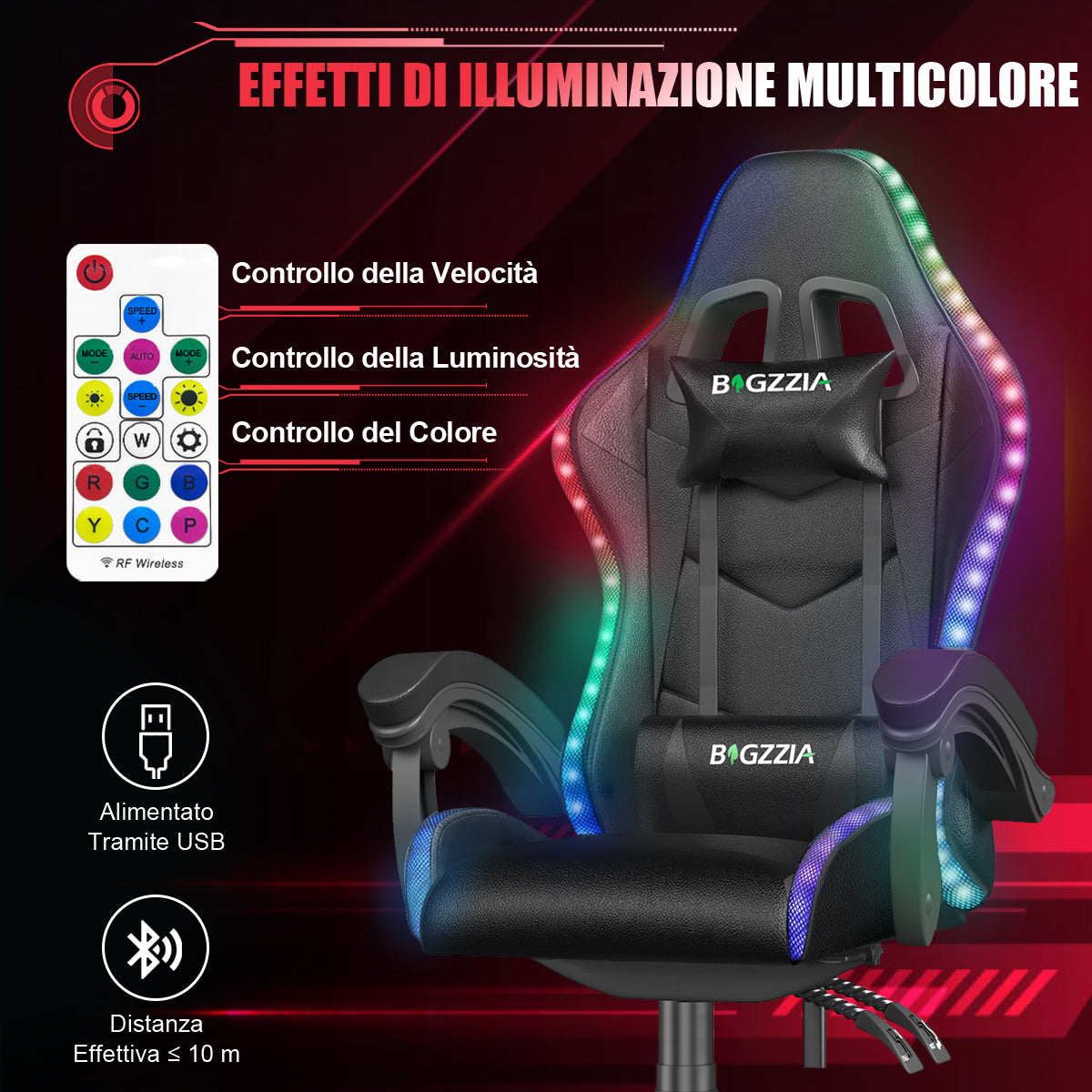 Sedia da Gioco Ergonomica con Luci LED RGB, Reclinabile, Poggiatesta e Supporto Lombare Stile Racing