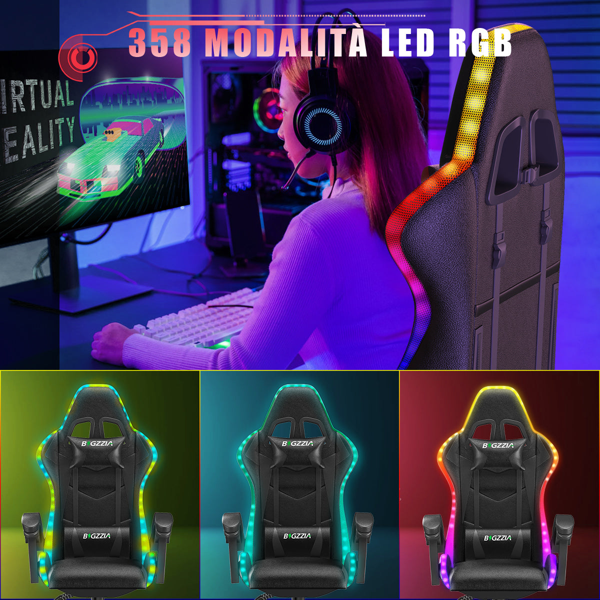 Sedia da Gioco Ergonomica con Luci LED RGB, Reclinabile, Poggiatesta e Supporto Lombare Stile Racing