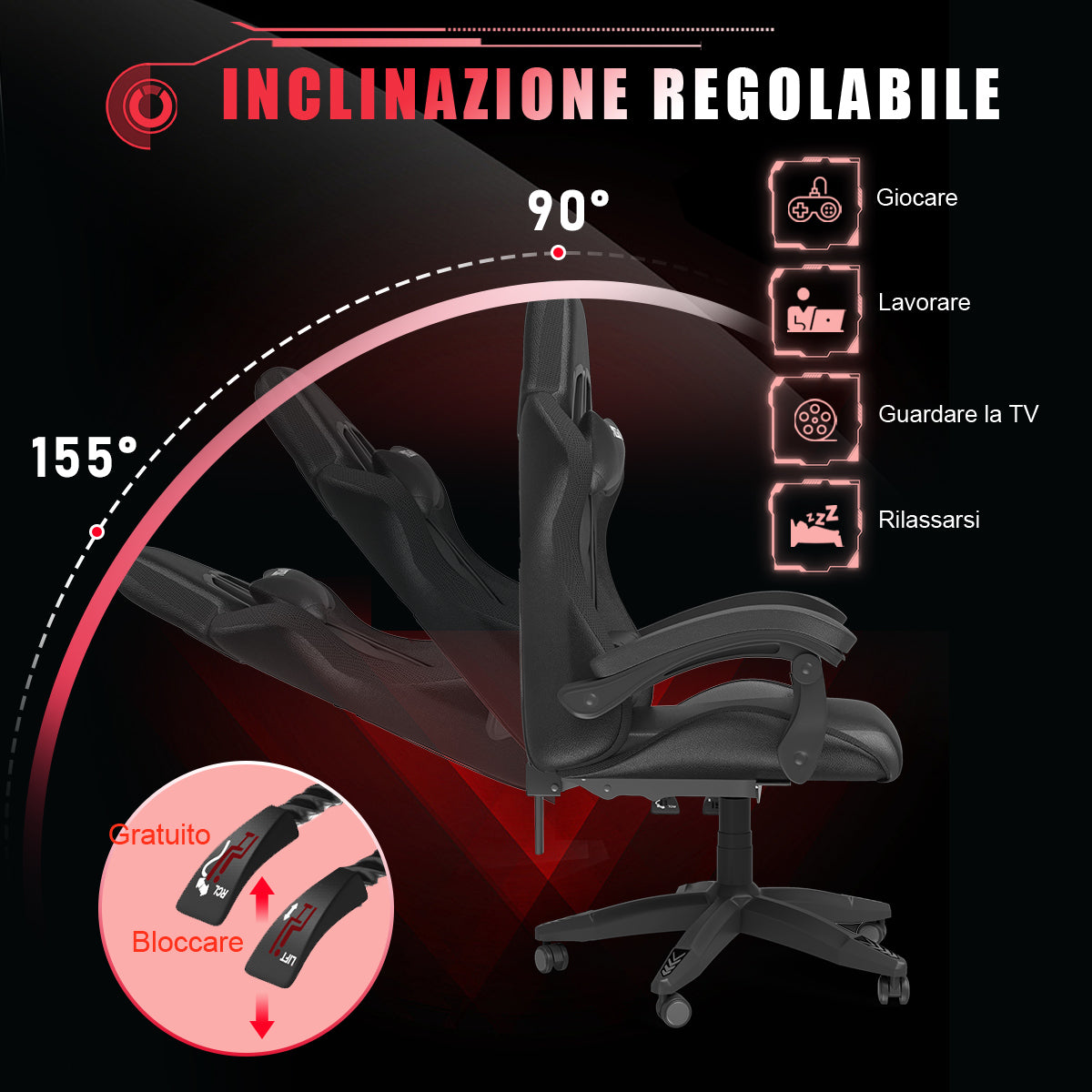 Sedia da Gioco Ergonomica con Luci LED RGB, Reclinabile, Poggiatesta e Supporto Lombare Stile Racing