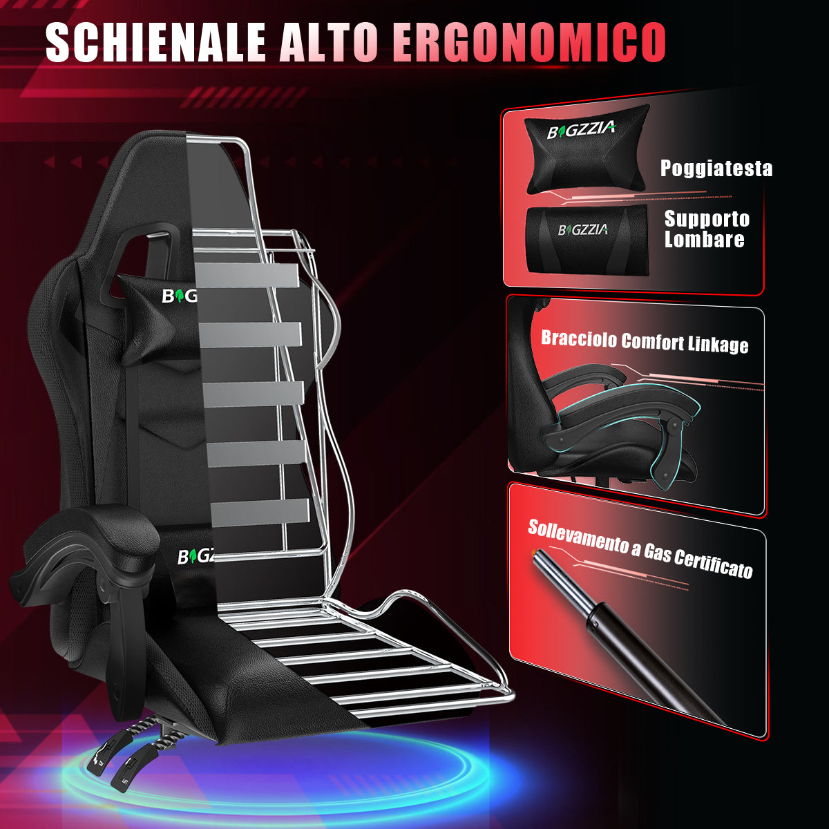 Sedia da Gioco Ergonomica con Luci LED RGB, Reclinabile, Poggiatesta e Supporto Lombare Stile Racing