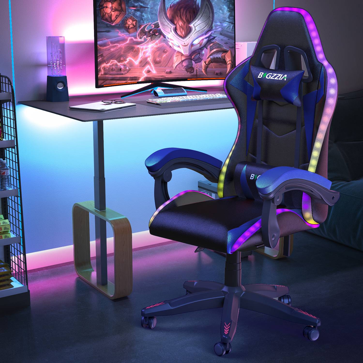 Sedia da Gioco Ergonomica con Luci LED RGB, Reclinabile, Poggiatesta e Supporto Lombare Stile Racing