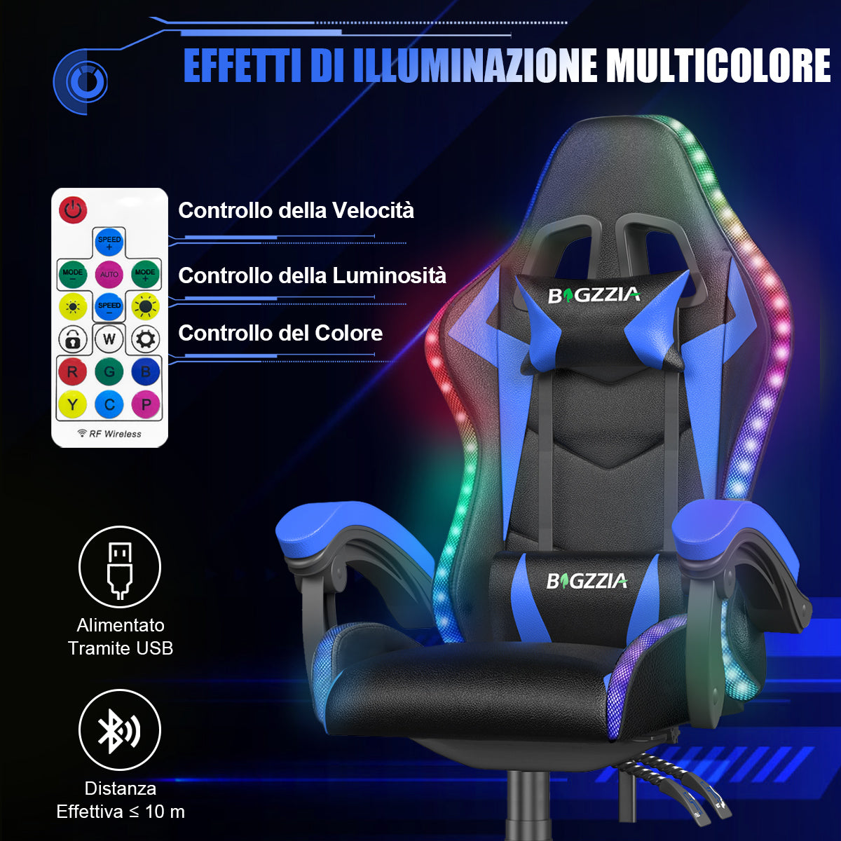 Sedia da Gioco Ergonomica con Luci LED RGB, Reclinabile, Poggiatesta e Supporto Lombare Stile Racing