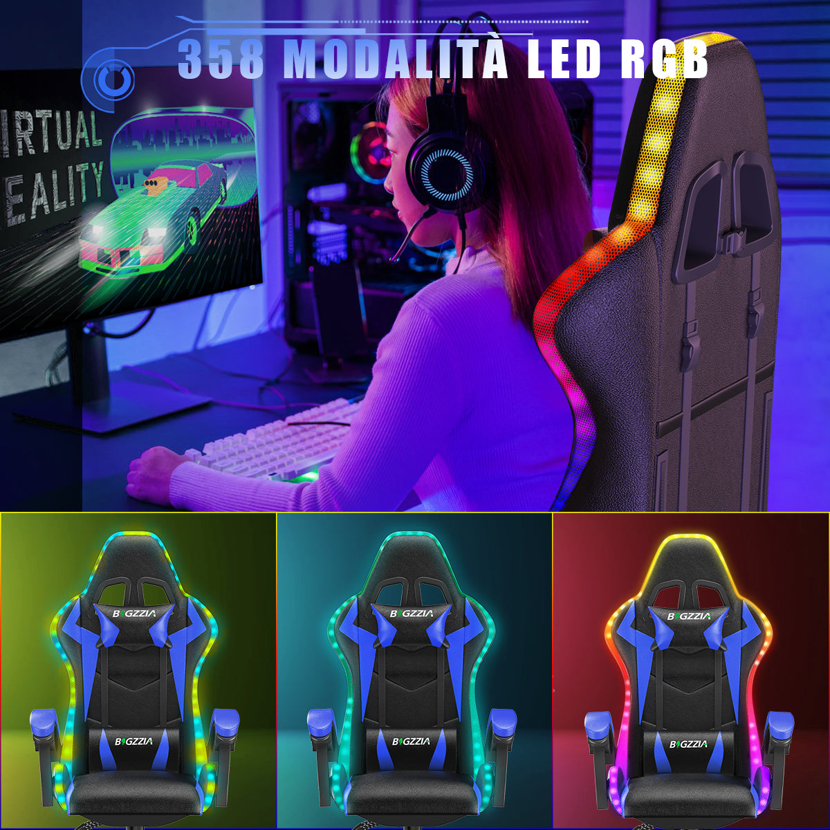 Sedia da Gioco Ergonomica con Luci LED RGB, Reclinabile, Poggiatesta e Supporto Lombare Stile Racing