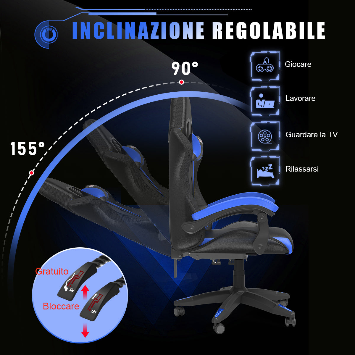 Sedia da Gioco Ergonomica con Luci LED RGB, Reclinabile, Poggiatesta e Supporto Lombare Stile Racing