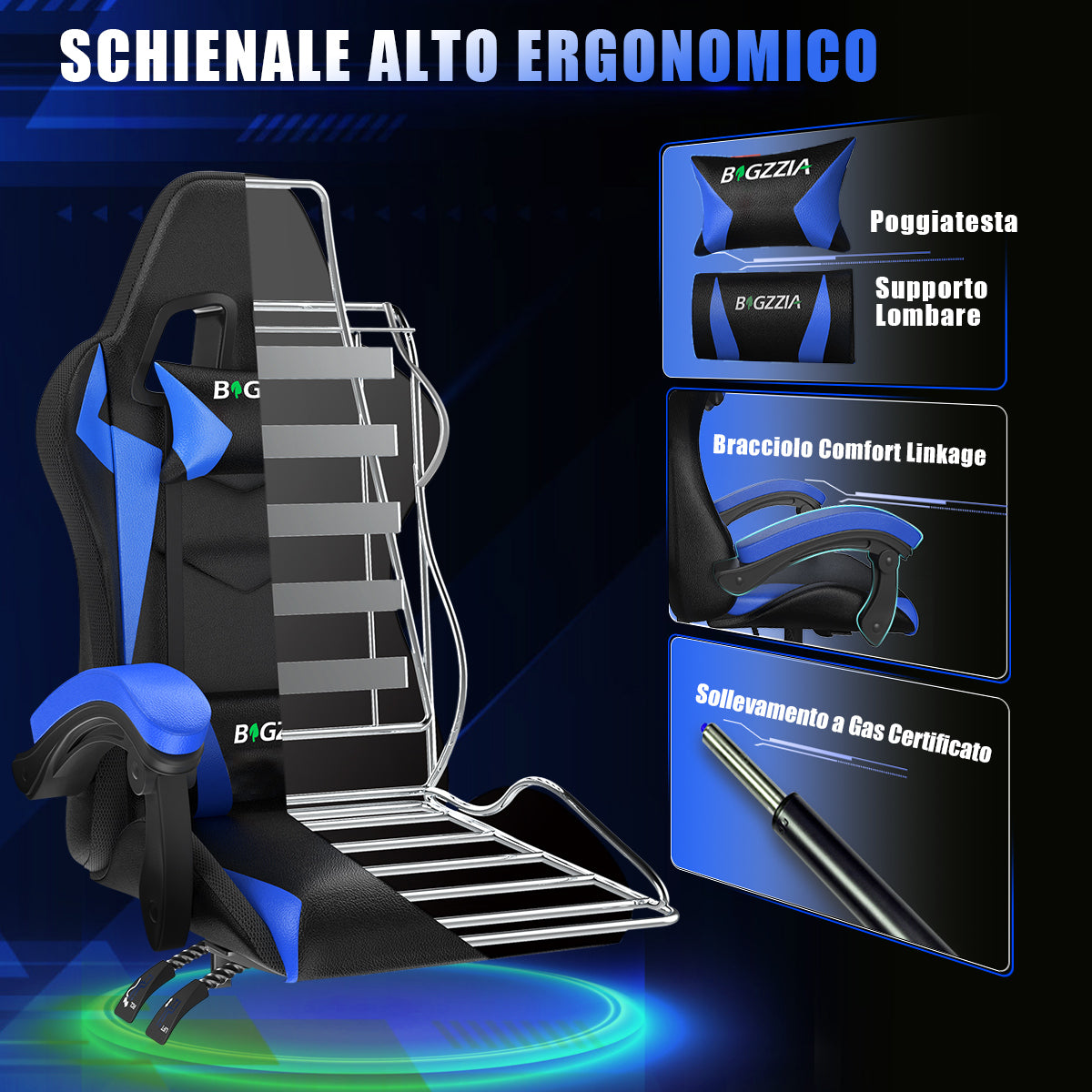 Sedia da Gioco Ergonomica con Luci LED RGB, Reclinabile, Poggiatesta e Supporto Lombare Stile Racing