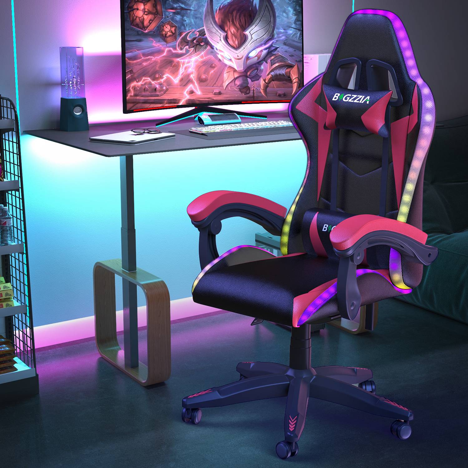 Sedia da Gioco Ergonomica con Luci LED RGB, Reclinabile, Poggiatesta e Supporto Lombare Stile Racing