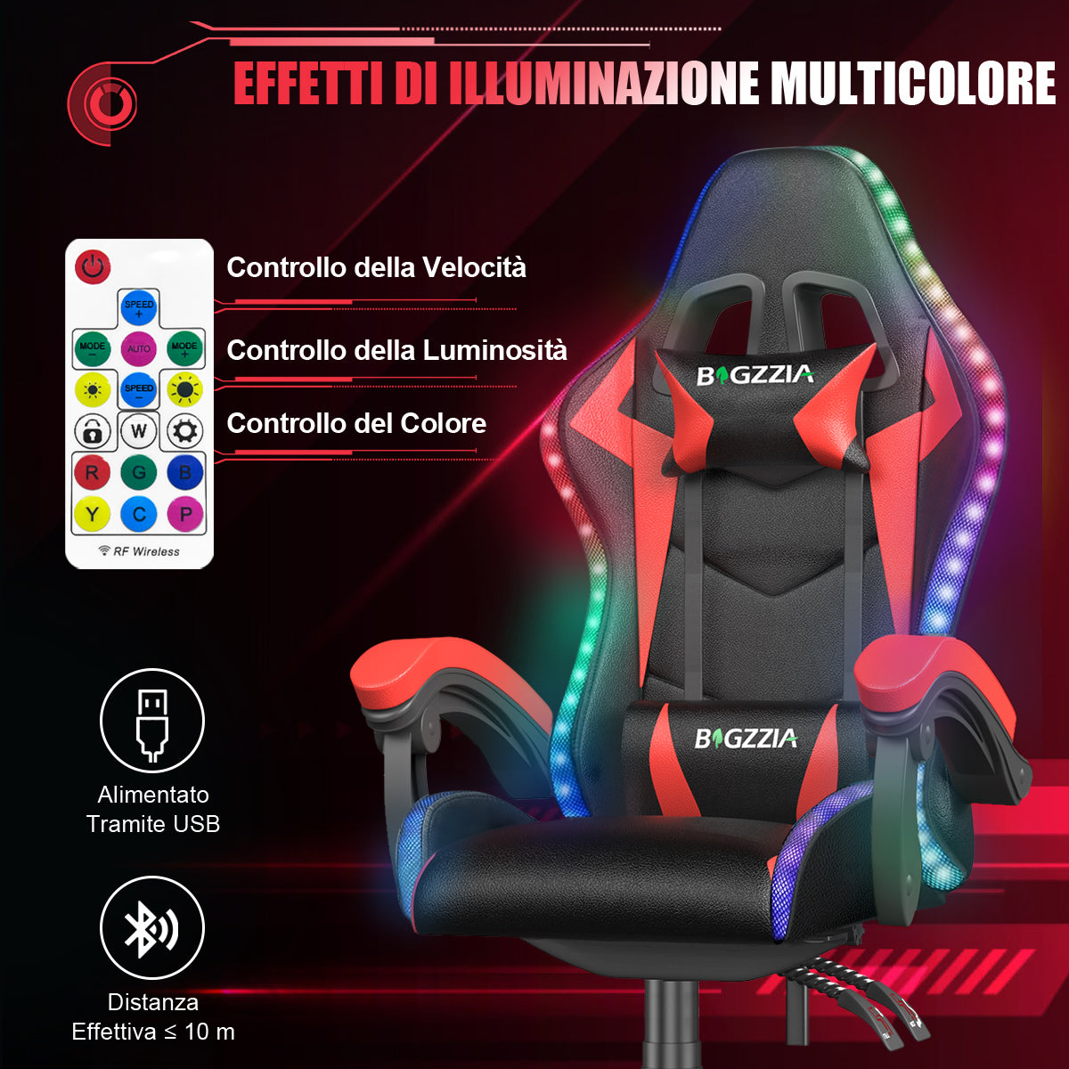 Sedia da Gioco Ergonomica con Luci LED RGB, Reclinabile, Poggiatesta e Supporto Lombare Stile Racing