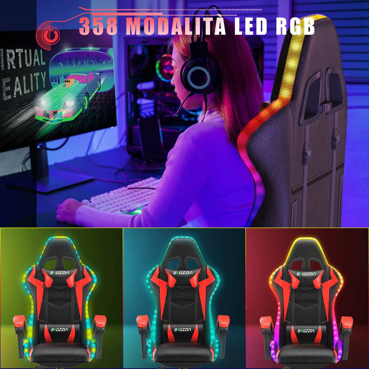 Sedia da Gioco Ergonomica con Luci LED RGB, Reclinabile, Poggiatesta e Supporto Lombare Stile Racing