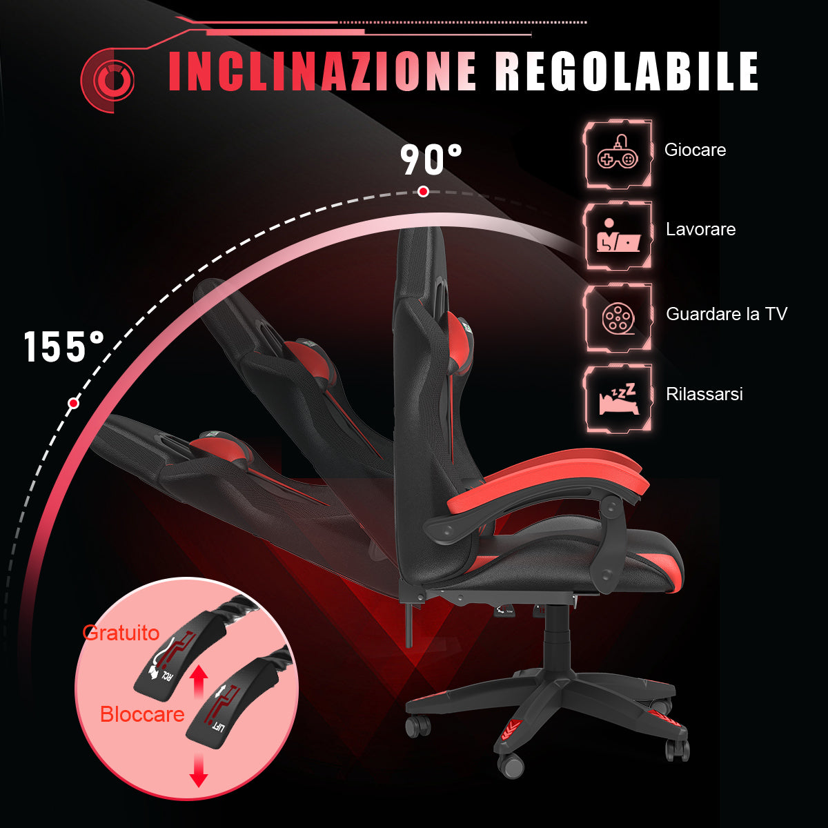 Sedia da Gioco Ergonomica con Luci LED RGB, Reclinabile, Poggiatesta e Supporto Lombare Stile Racing