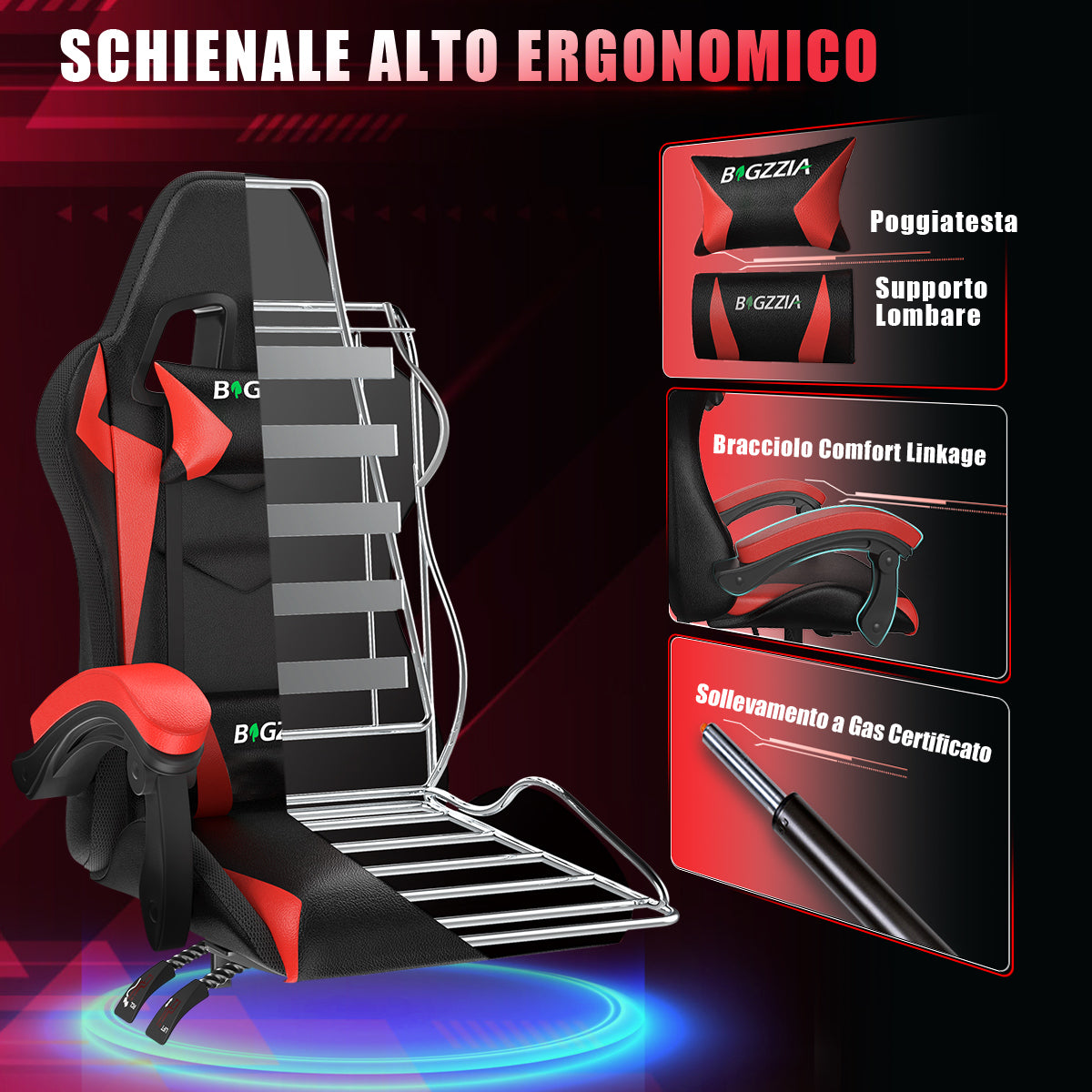 Sedia da Gioco Ergonomica con Luci LED RGB, Reclinabile, Poggiatesta e Supporto Lombare Stile Racing