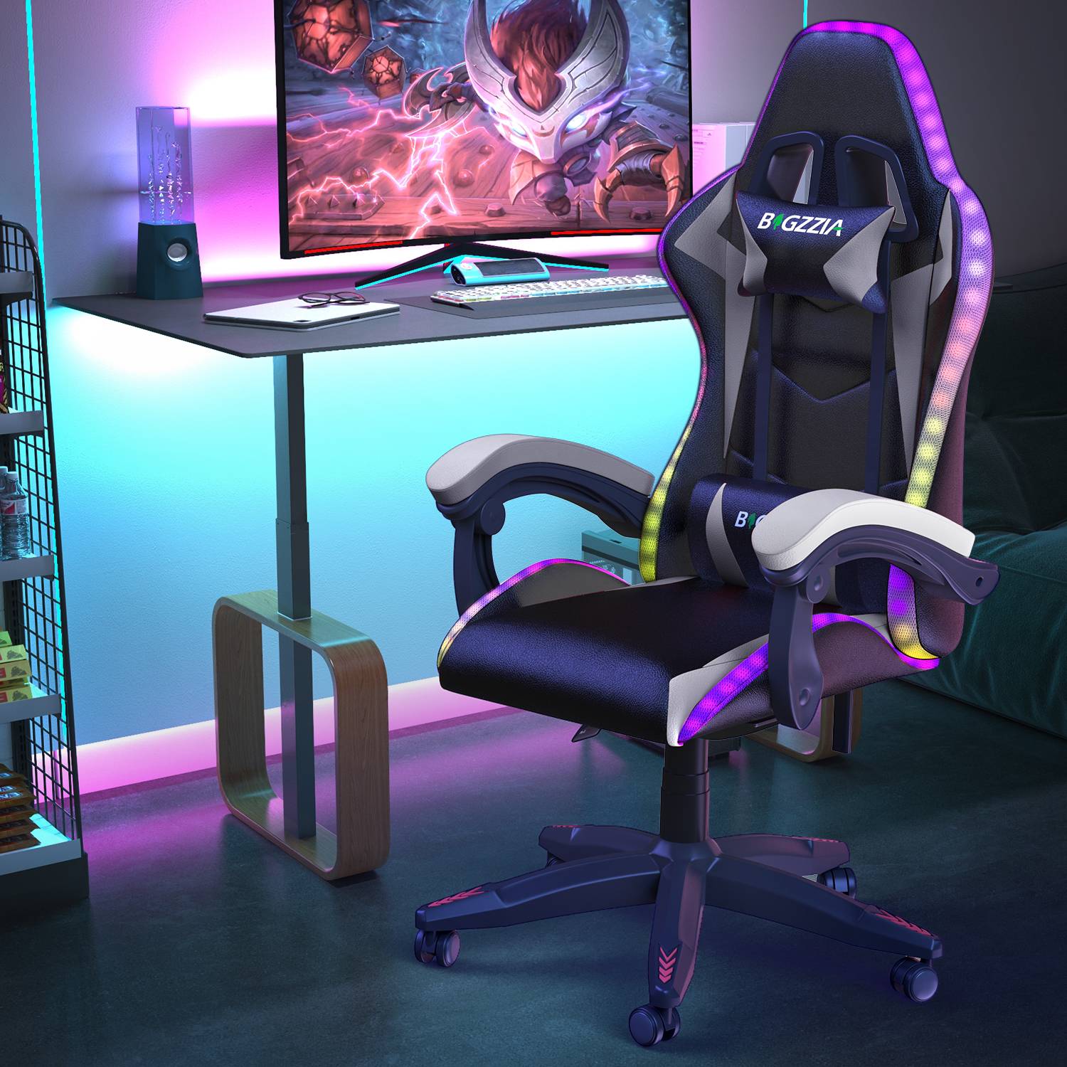 Sedia da Gioco Ergonomica con Luci LED RGB, Reclinabile, Poggiatesta e Supporto Lombare Stile Racing