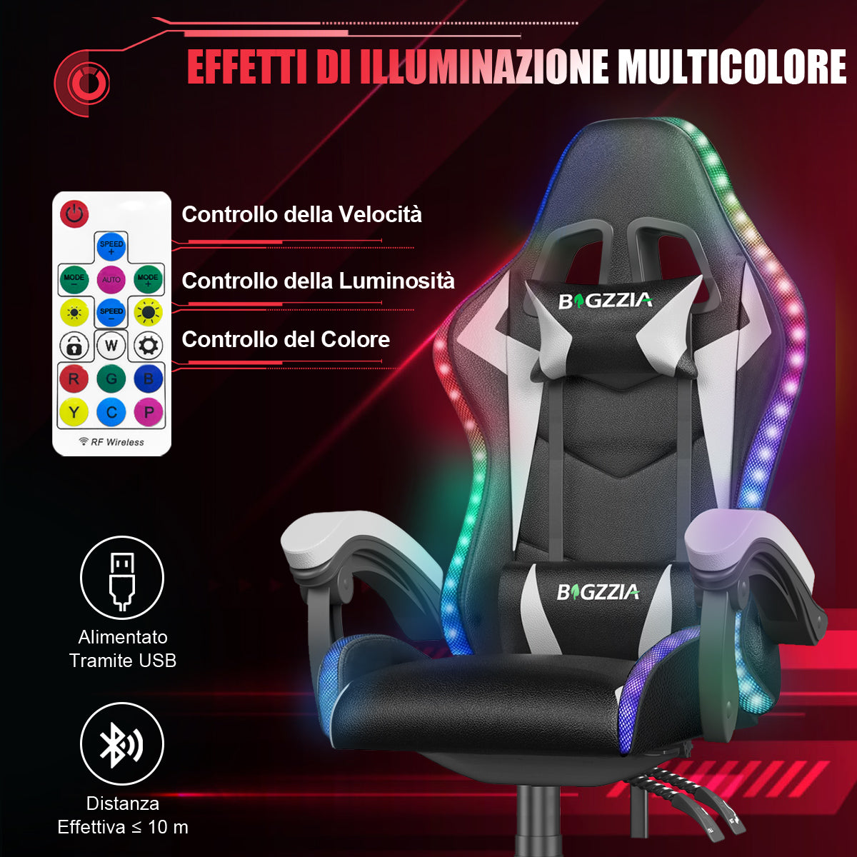 Sedia da Gioco Ergonomica con Luci LED RGB, Reclinabile, Poggiatesta e Supporto Lombare Stile Racing