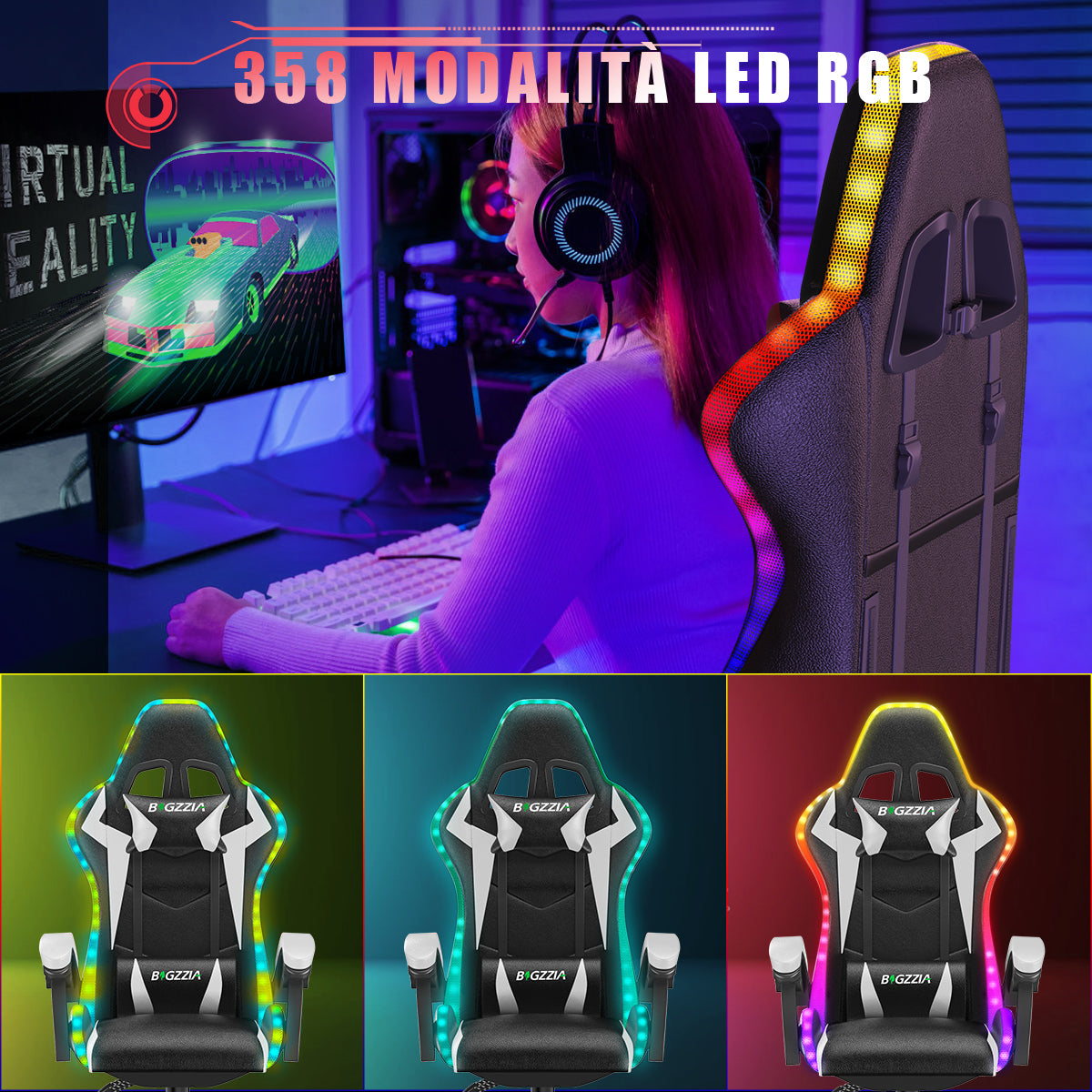 Sedia da Gioco Ergonomica con Luci LED RGB, Reclinabile, Poggiatesta e Supporto Lombare Stile Racing
