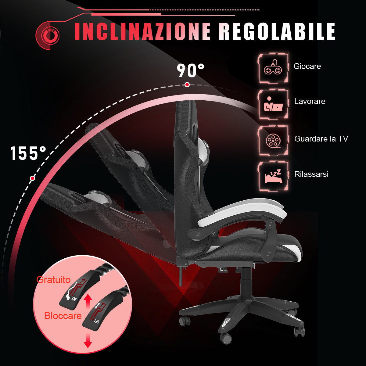 Sedia da Gioco Ergonomica con Luci LED RGB, Reclinabile, Poggiatesta e Supporto Lombare Stile Racing