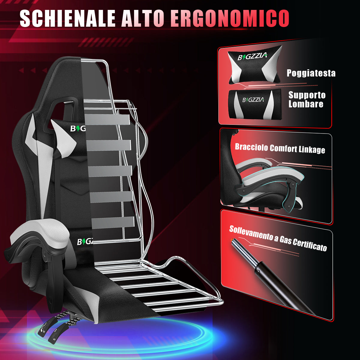 Sedia da Gioco Ergonomica con Luci LED RGB, Reclinabile, Poggiatesta e Supporto Lombare Stile Racing