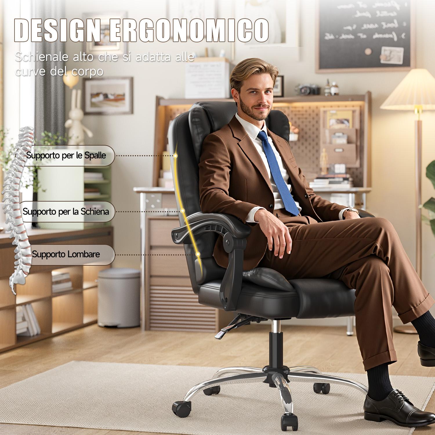 Sedia ergonomica per ufficio esecutivo Sedia da scrivania per computer con schienale alto in pelle PU con funzione di inclinazione reclinabile per il lavoro in casa-ufficio