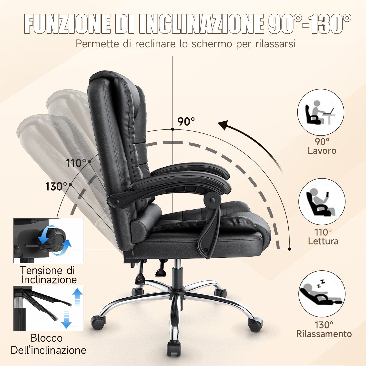 Sedia ergonomica per ufficio esecutivo Sedia da scrivania per computer con schienale alto in pelle PU con funzione di inclinazione reclinabile per il lavoro in casa-ufficio