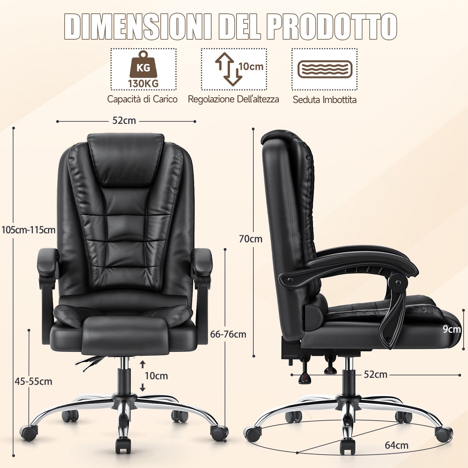 Sedia ergonomica per ufficio esecutivo Sedia da scrivania per computer con schienale alto in pelle PU con funzione di inclinazione reclinabile per il lavoro in casa-ufficio