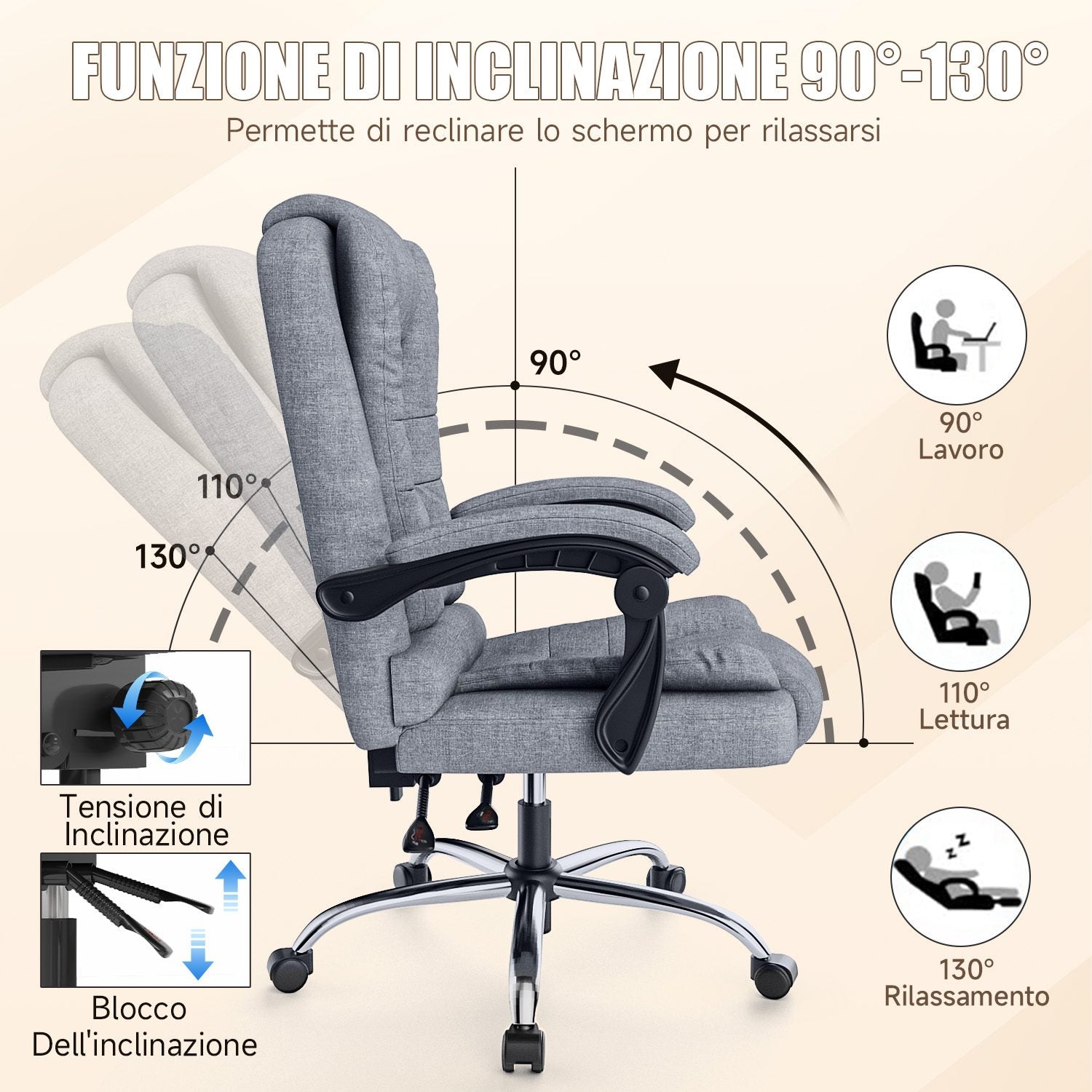 Sedia ergonomica per ufficio esecutivo Sedia da scrivania per computer con schienale alto in pelle PU con funzione di inclinazione reclinabile per il lavoro in casa-ufficio