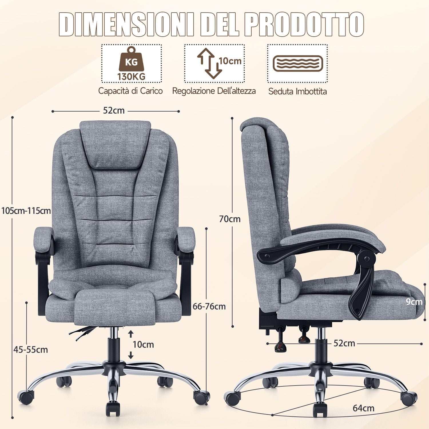 Sedia ergonomica per ufficio esecutivo Sedia da scrivania per computer con schienale alto in pelle PU con funzione di inclinazione reclinabile per il lavoro in casa-ufficio