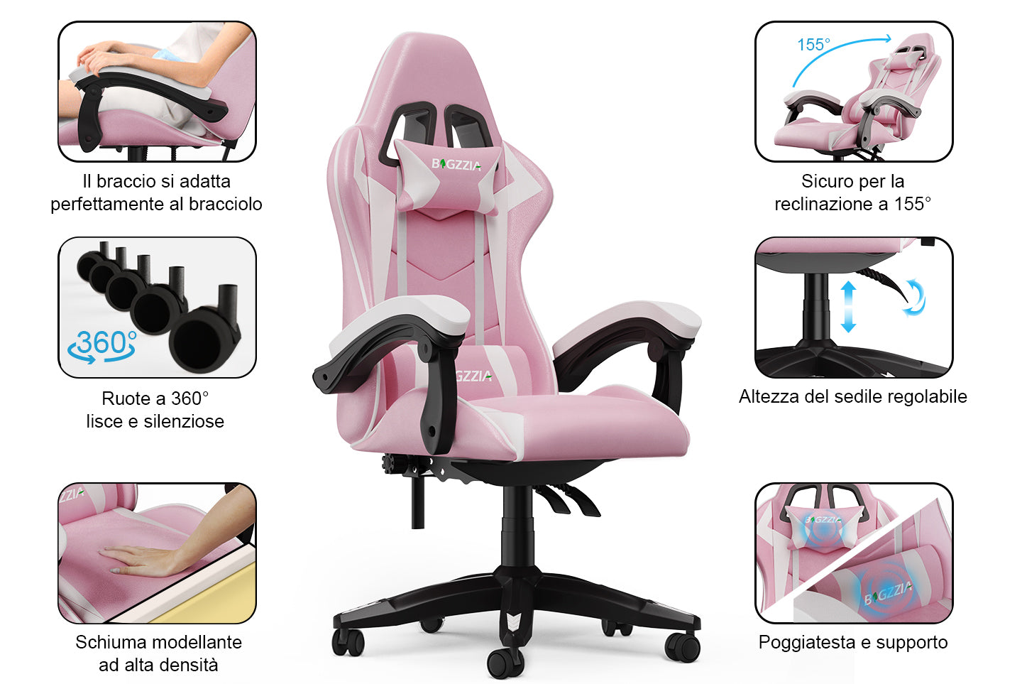 Sedia da Gaming, Sedia Ufficio Ergonomica con Schienale Regolabile, Poggiatesta e Supporto Lombare