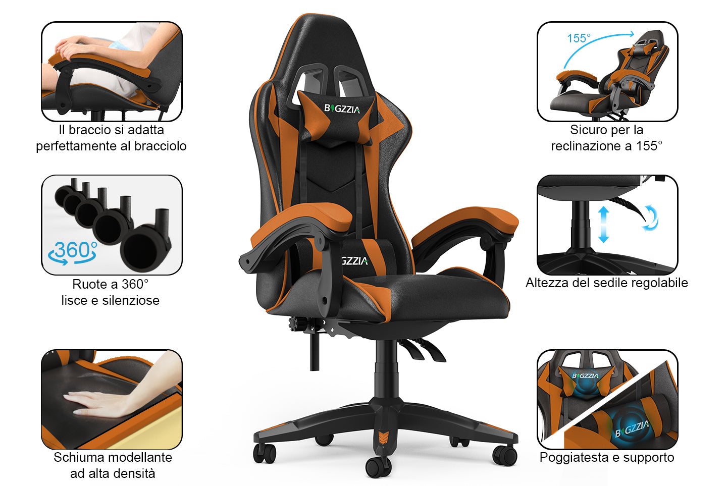Sedia da Gaming, Sedia Ufficio Ergonomica con Schienale Regolabile, Poggiatesta e Supporto Lombare