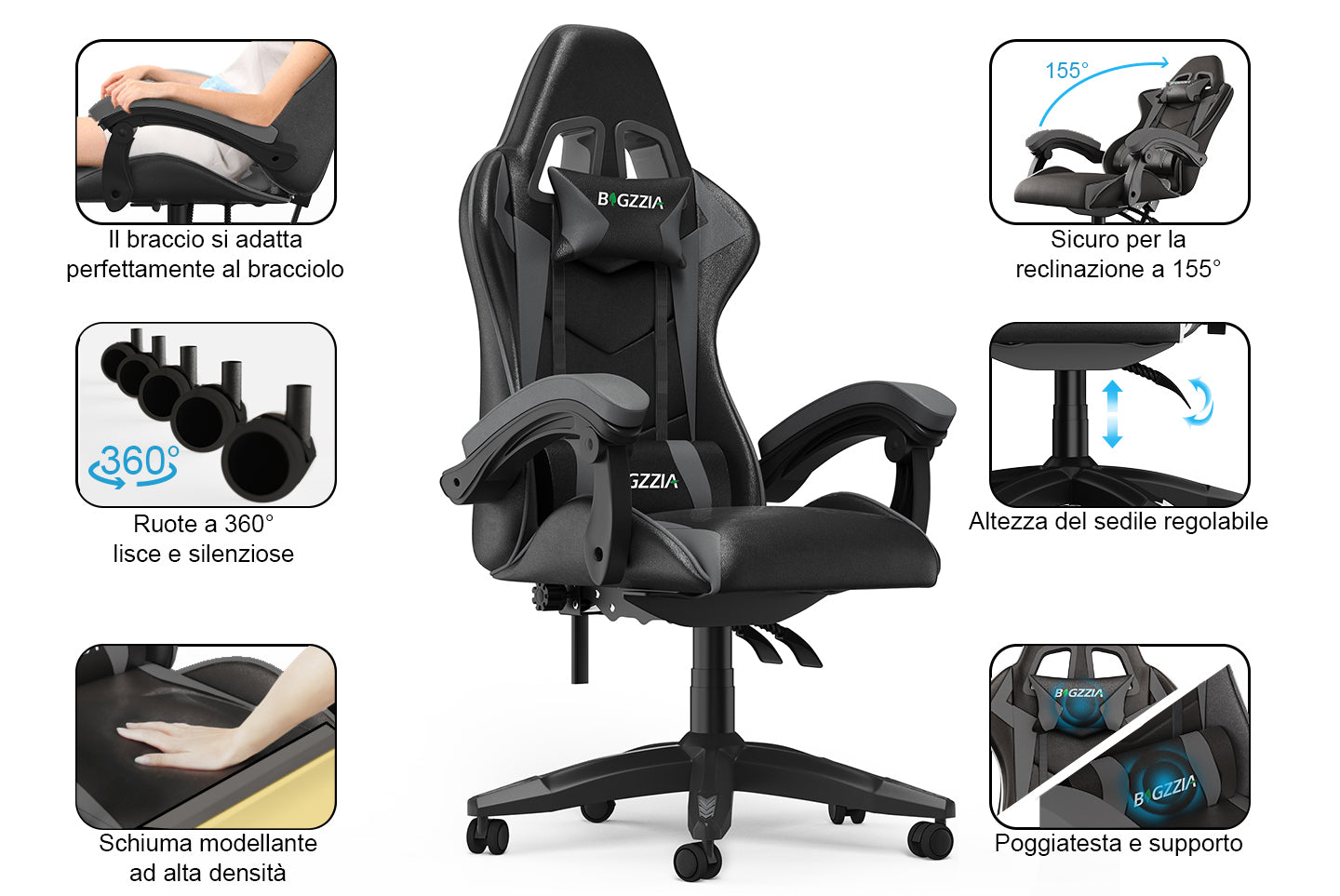 Sedia da Gaming, Sedia Ufficio Ergonomica con Schienale Regolabile, Poggiatesta e Supporto Lombare