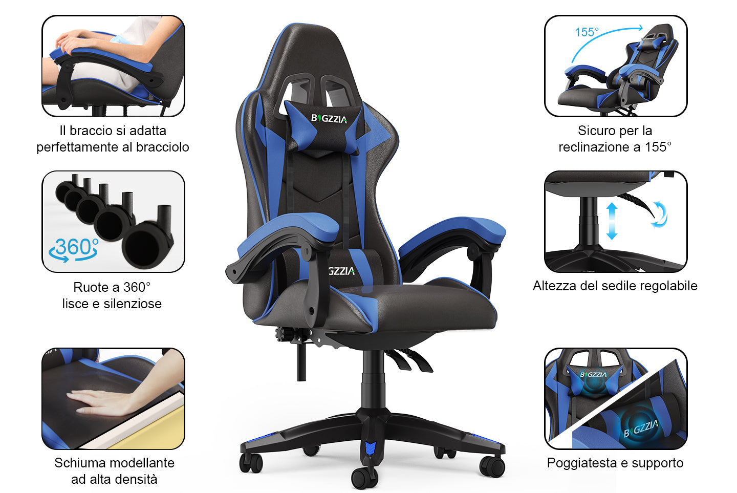Sedia da Gaming, Sedia Ufficio Ergonomica con Schienale Regolabile, Poggiatesta e Supporto Lombare