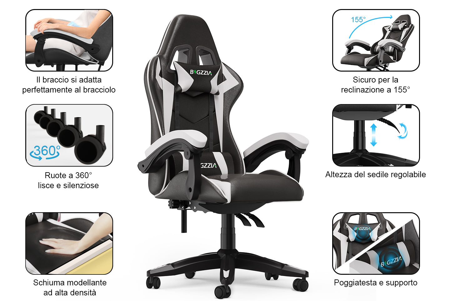 Sedia da Gaming, Sedia Ufficio Ergonomica con Schienale Regolabile, Poggiatesta e Supporto Lombare