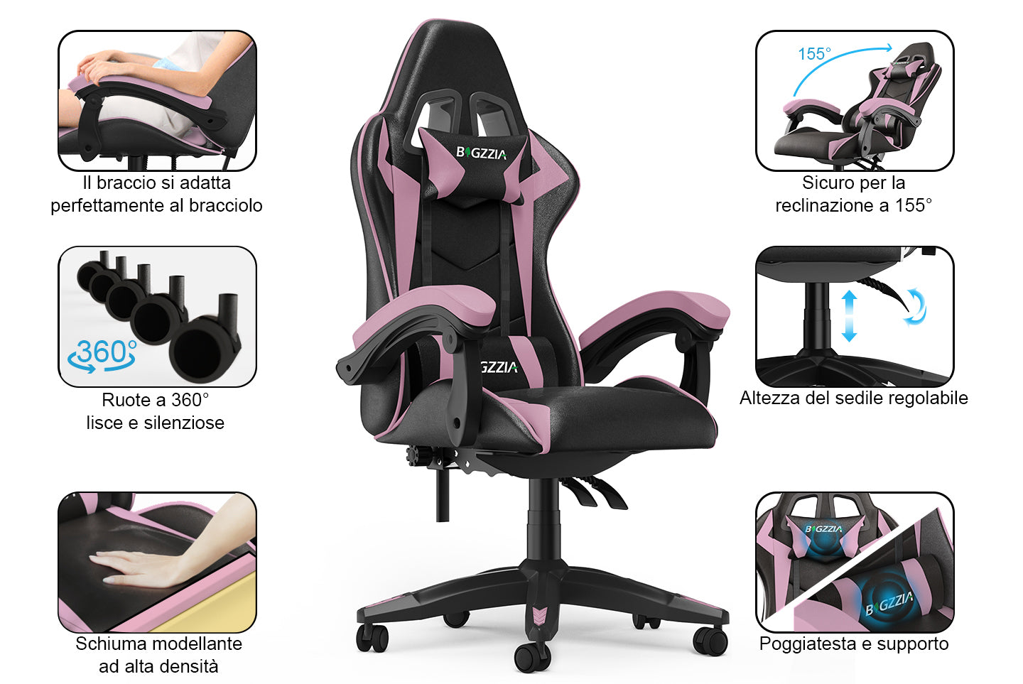 Sedia da Gaming, Sedia Ufficio Ergonomica con Schienale Regolabile, Poggiatesta e Supporto Lombare
