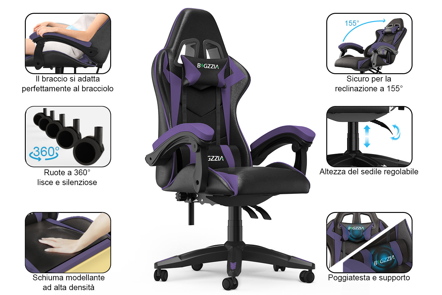 Sedia da Gaming, Sedia Ufficio Ergonomica con Schienale Regolabile, Poggiatesta e Supporto Lombare