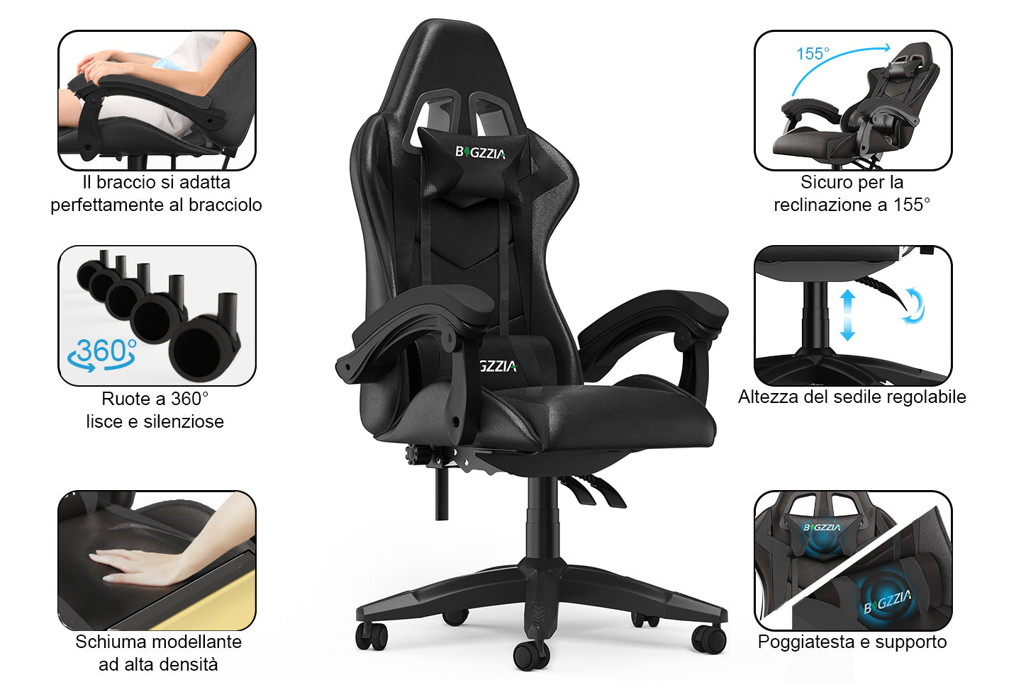 Sedia da Gaming, Sedia Ufficio Ergonomica con Schienale Regolabile, Poggiatesta e Supporto Lombare