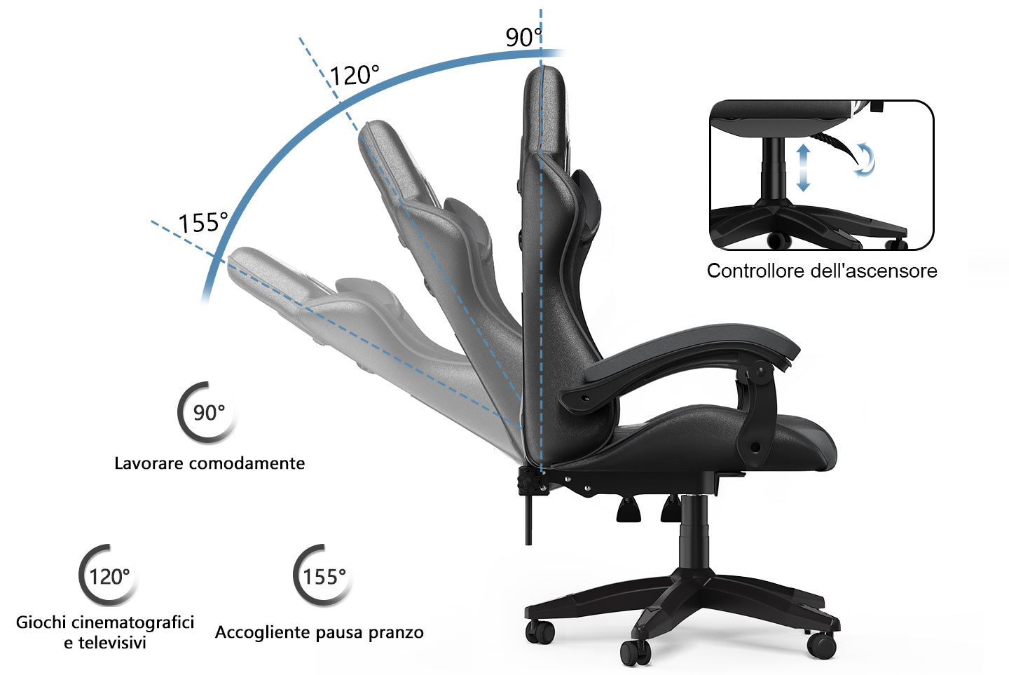 Sedia da Gaming, Sedia Ufficio Ergonomica con Schienale Regolabile, Poggiatesta e Supporto Lombare