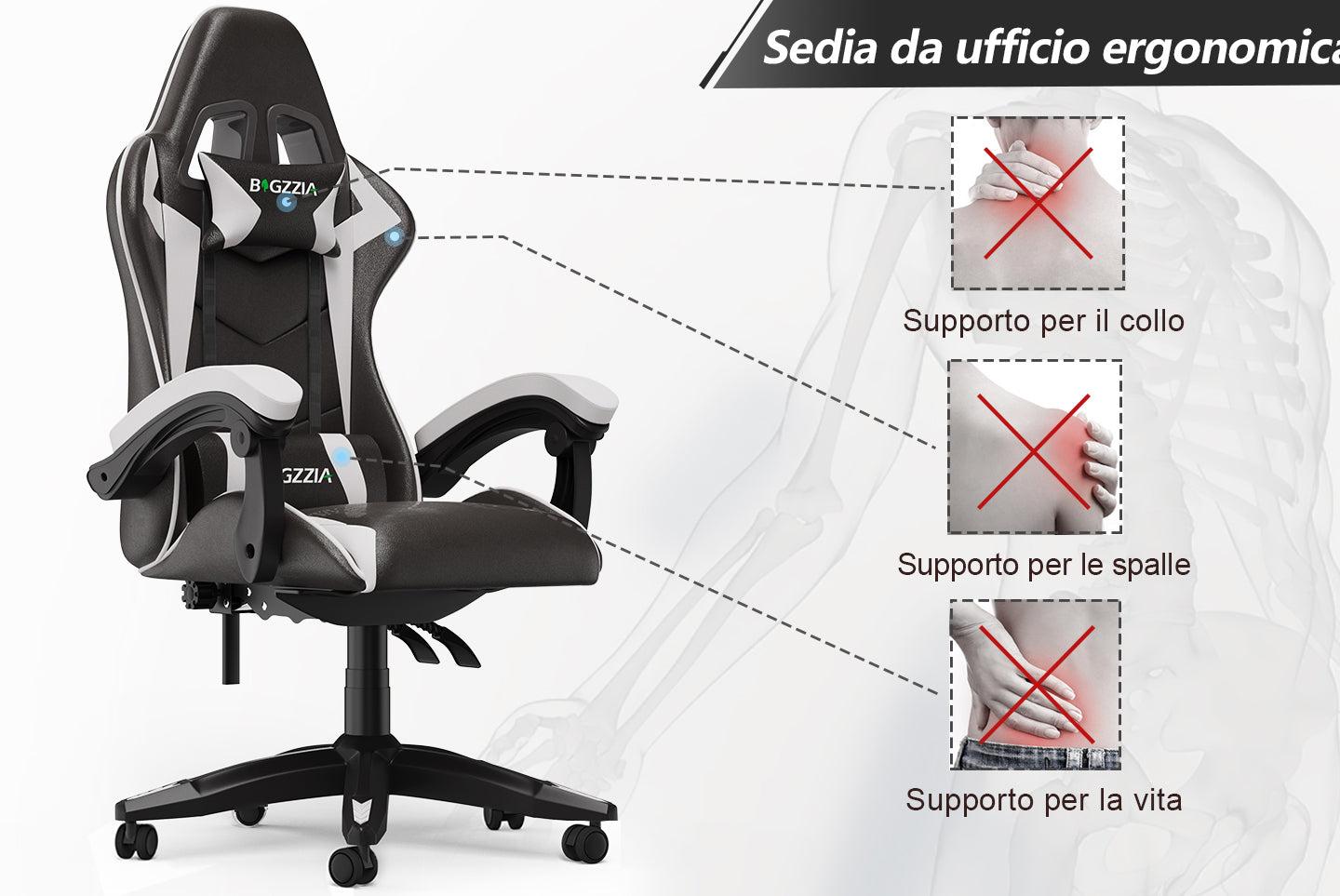 Sedia da Gaming, Sedia Ufficio Ergonomica con Schienale Regolabile, Poggiatesta e Supporto Lombare