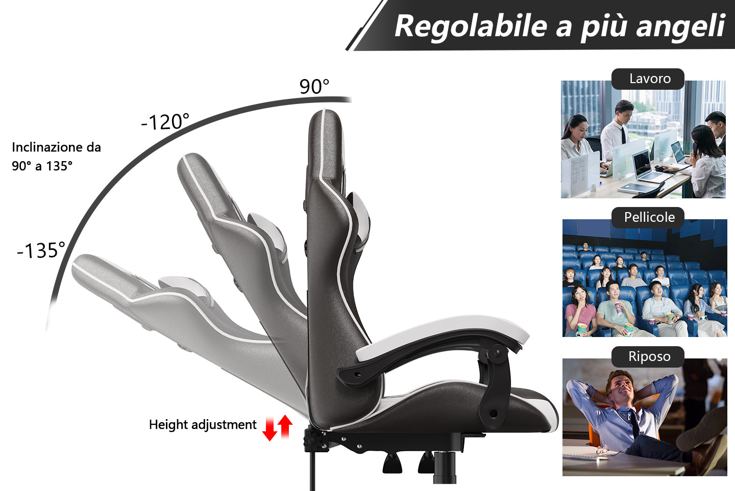 Sedia da Gaming, Sedia Ufficio Ergonomica con Schienale Regolabile, Poggiatesta e Supporto Lombare