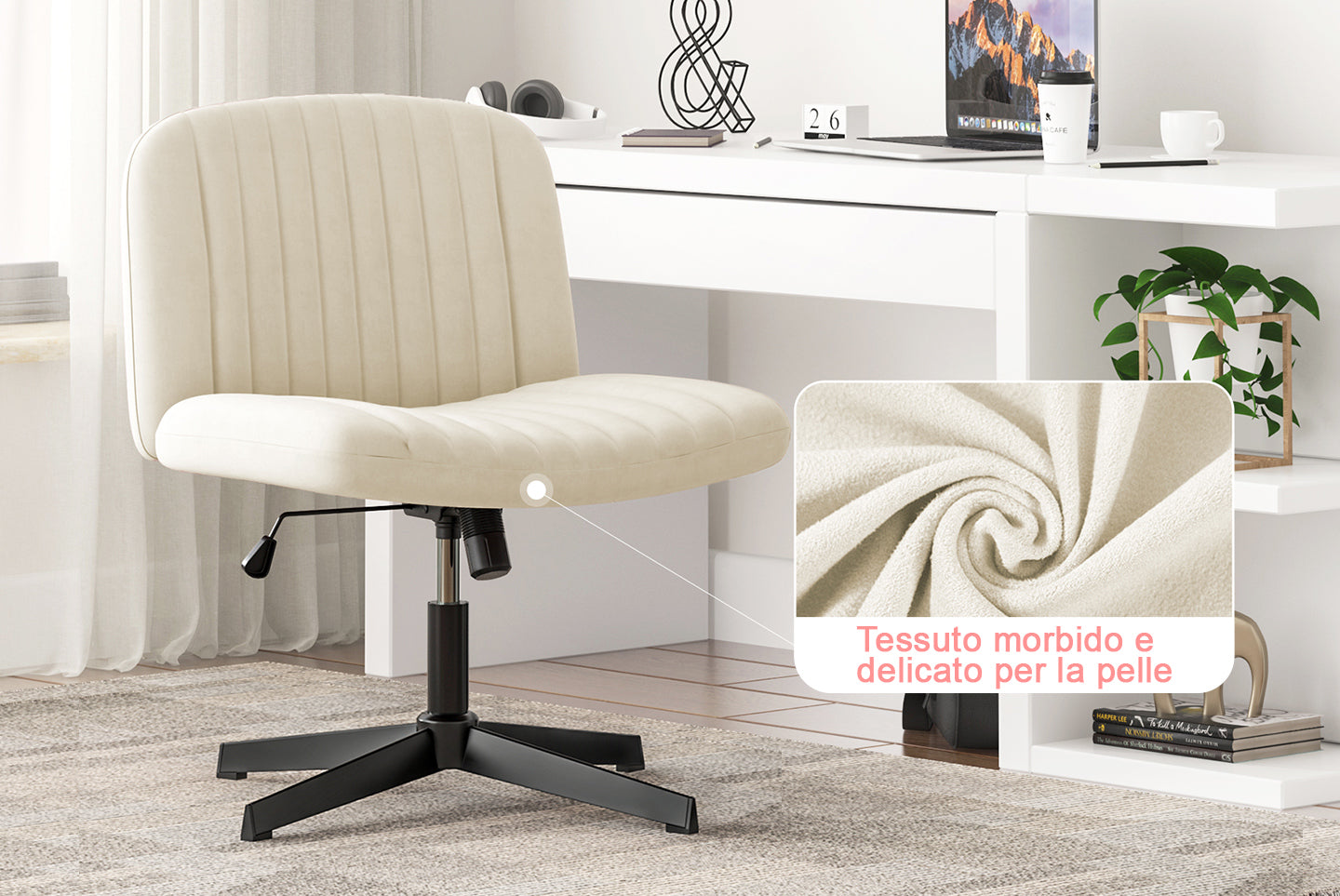 Sedia da Ufficio Ergonomica a Gambe Incrociate Sedia da Scrivania Ampia Senza Braccioli con Supporto per lo Schienale Medio per L'ufficio in Casa e la Camera da Letto