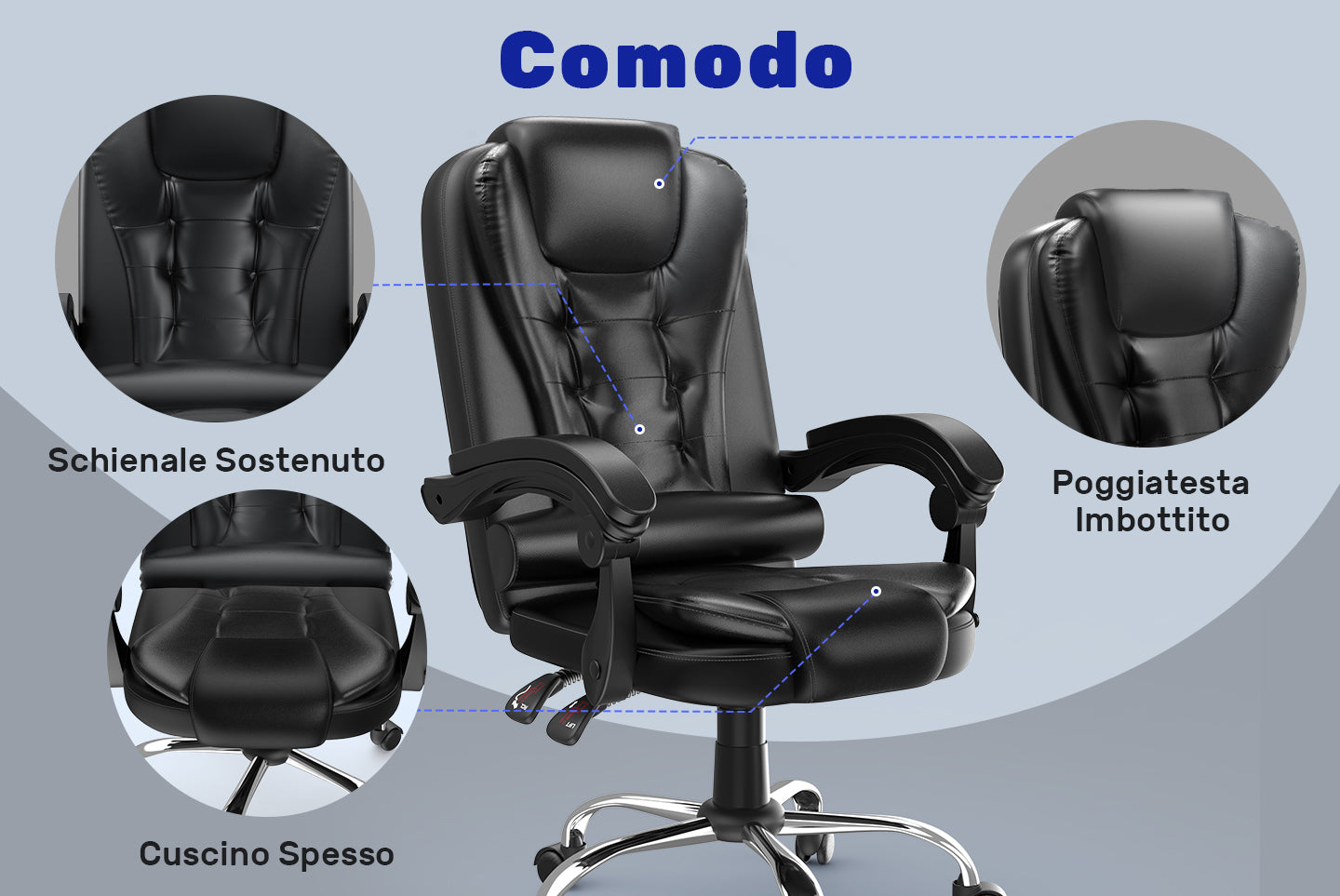 Sedia ergonomica per ufficio esecutivo Sedia da scrivania per computer con schienale alto in pelle PU con funzione di inclinazione reclinabile per il lavoro in casa-ufficio