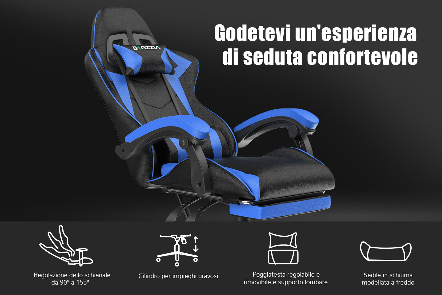 Sedia da gioco ergonomica 155° reclinabile e girevole con poggiatesta, supporto lombare Sedia da ufficio in pelle PU