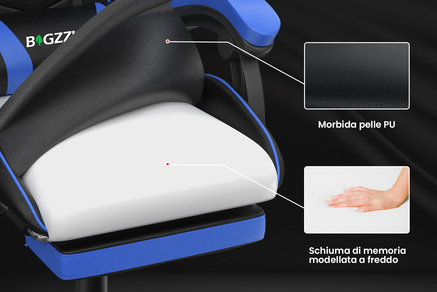 Sedia da gioco ergonomica 155° reclinabile e girevole con poggiatesta, supporto lombare Sedia da ufficio in pelle PU
