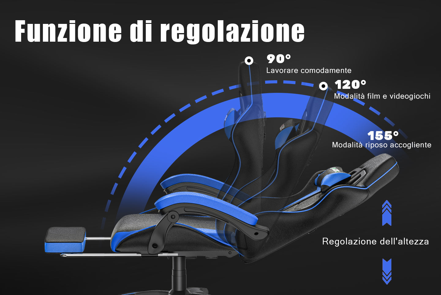 Sedia da gioco ergonomica 155° reclinabile e girevole con poggiatesta, supporto lombare Sedia da ufficio in pelle PU