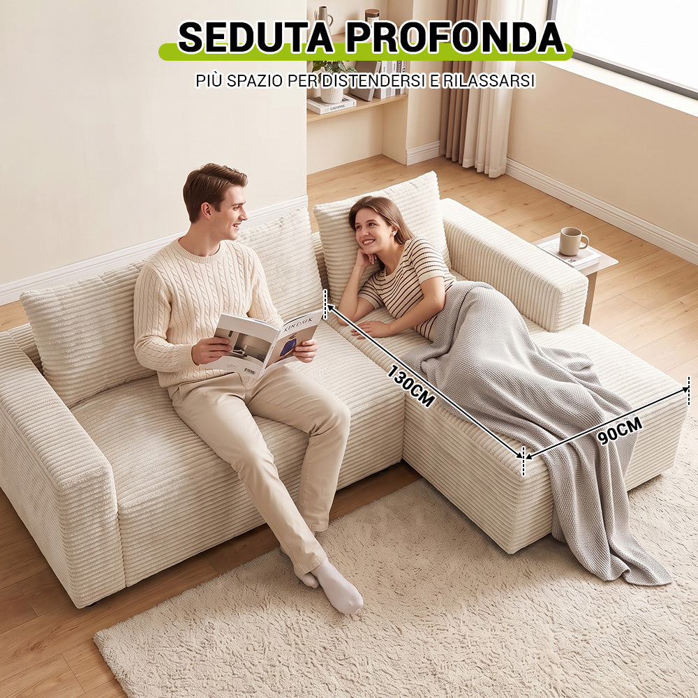 Divano Componibile Modulare Senza Struttura A Forma Di L In Velluto A Coste Con Chaise Longue, Nessun Montaggio Richiesto