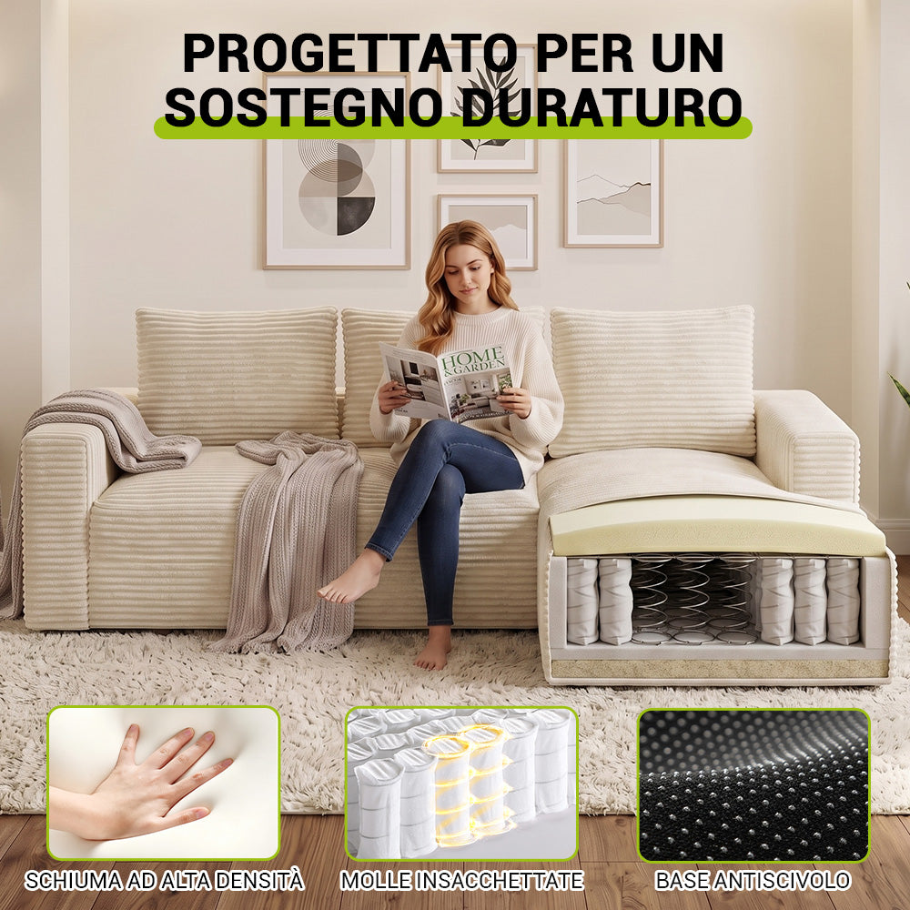 Divano Componibile Modulare Senza Struttura A Forma Di L In Velluto A Coste Con Chaise Longue, Nessun Montaggio Richiesto