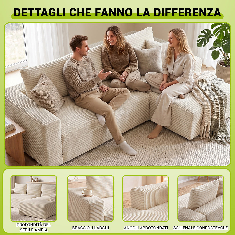 Divano Componibile Modulare Senza Struttura A Forma Di L In Velluto A Coste Con Chaise Longue, Nessun Montaggio Richiesto