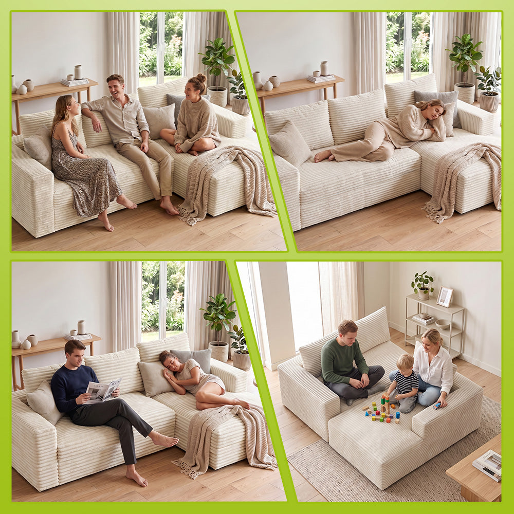 Divano Componibile Modulare Senza Struttura A Forma Di L In Velluto A Coste Con Chaise Longue, Nessun Montaggio Richiesto