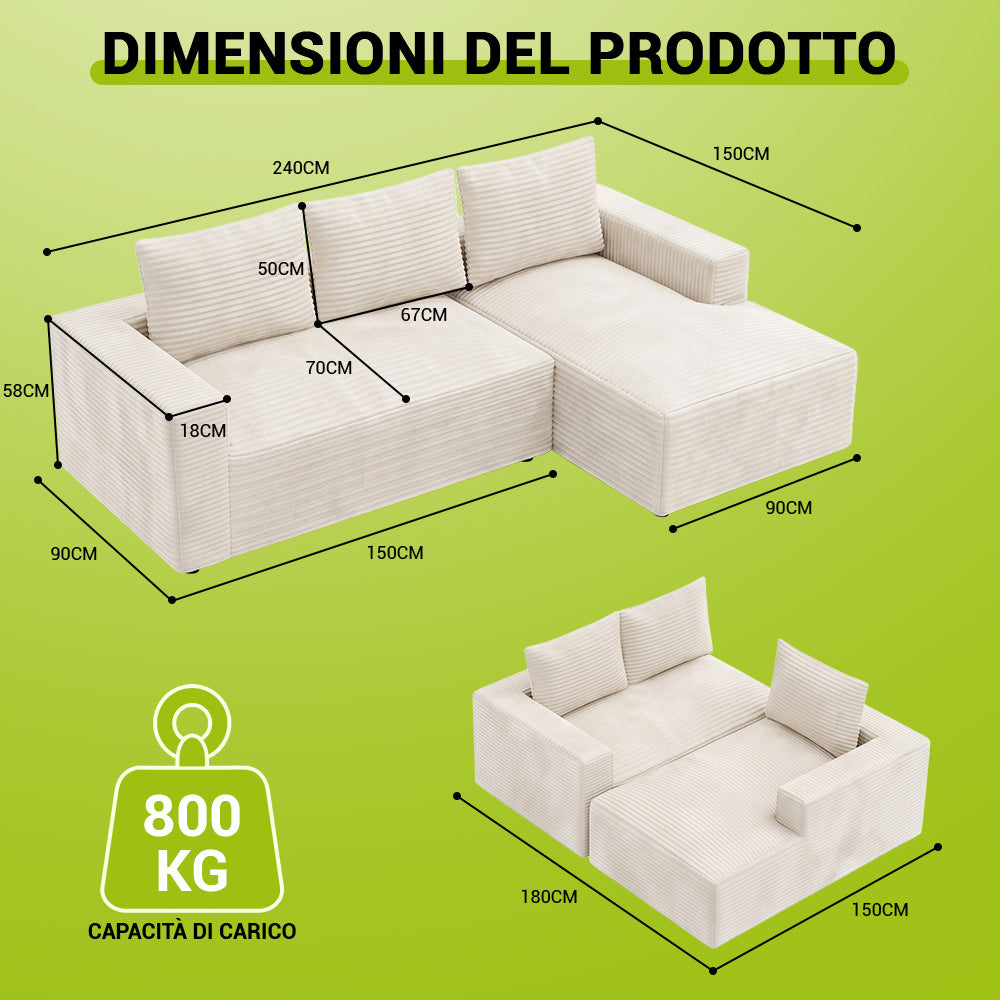 Divano Componibile Modulare Senza Struttura A Forma Di L In Velluto A Coste Con Chaise Longue, Nessun Montaggio Richiesto