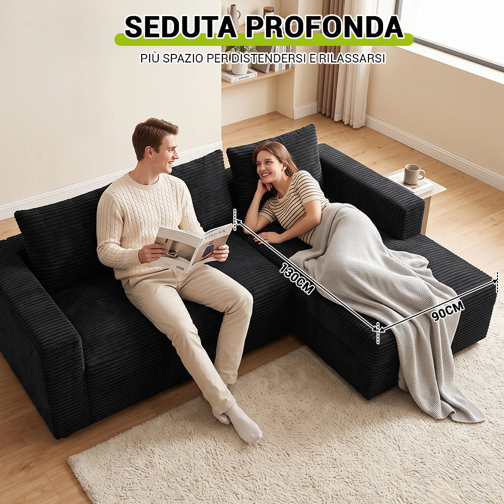 Divano Componibile Modulare Senza Struttura A Forma Di L In Velluto A Coste Con Chaise Longue, Nessun Montaggio Richiesto