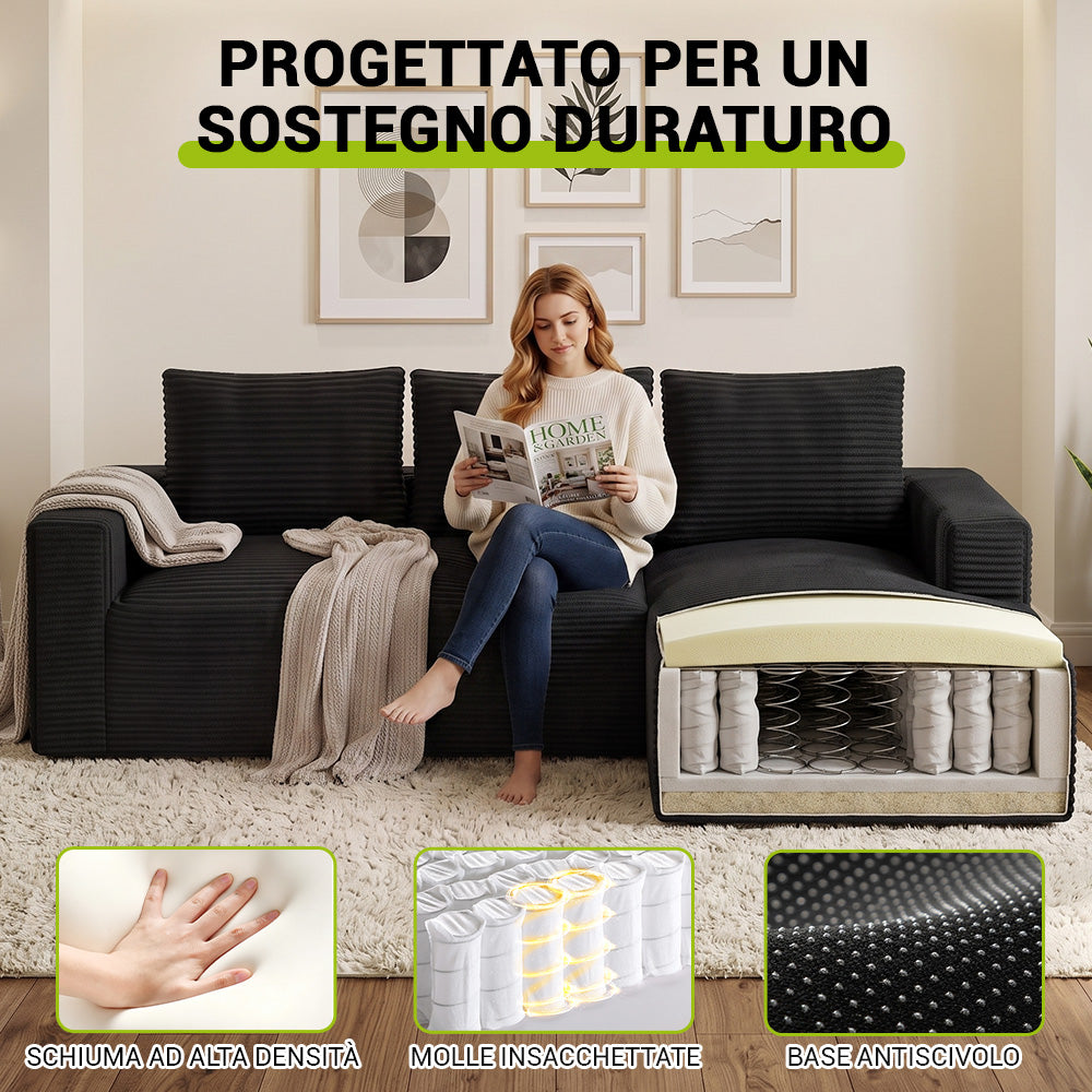 Divano Componibile Modulare Senza Struttura A Forma Di L In Velluto A Coste Con Chaise Longue, Nessun Montaggio Richiesto