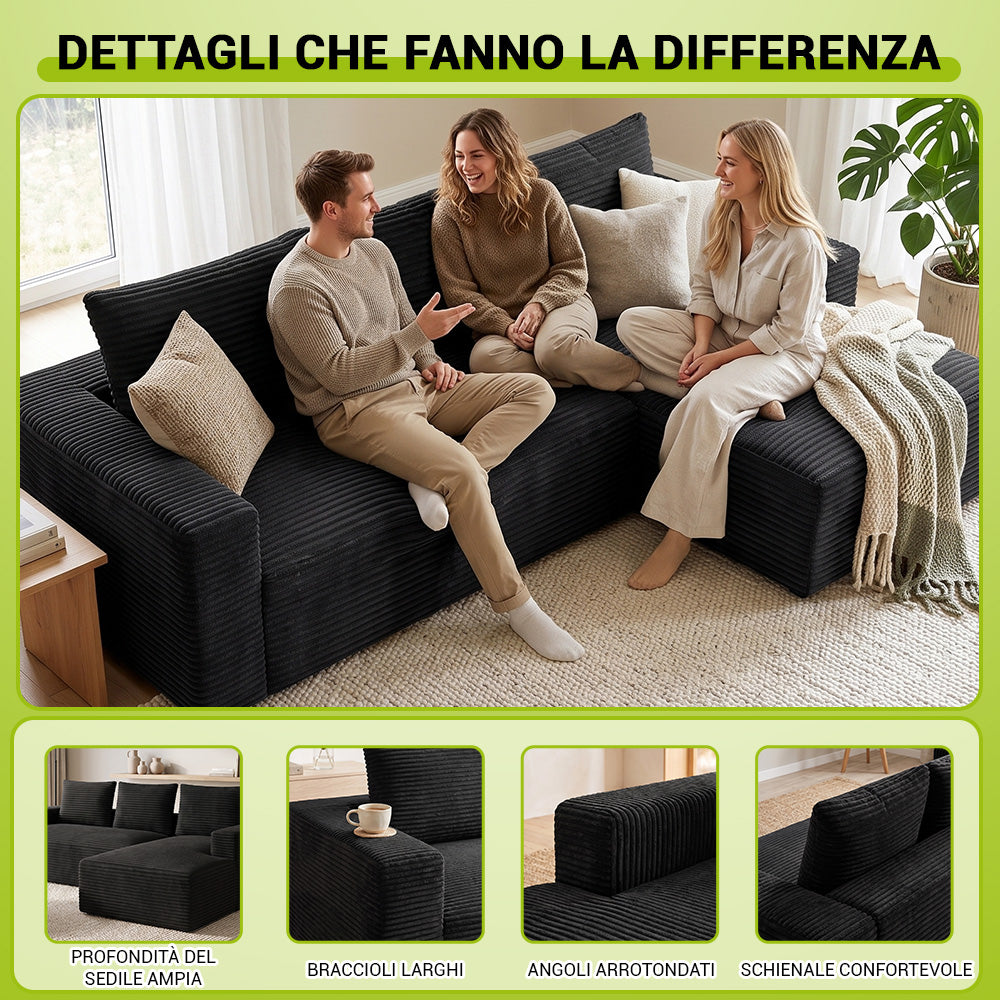 Divano Componibile Modulare Senza Struttura A Forma Di L In Velluto A Coste Con Chaise Longue, Nessun Montaggio Richiesto