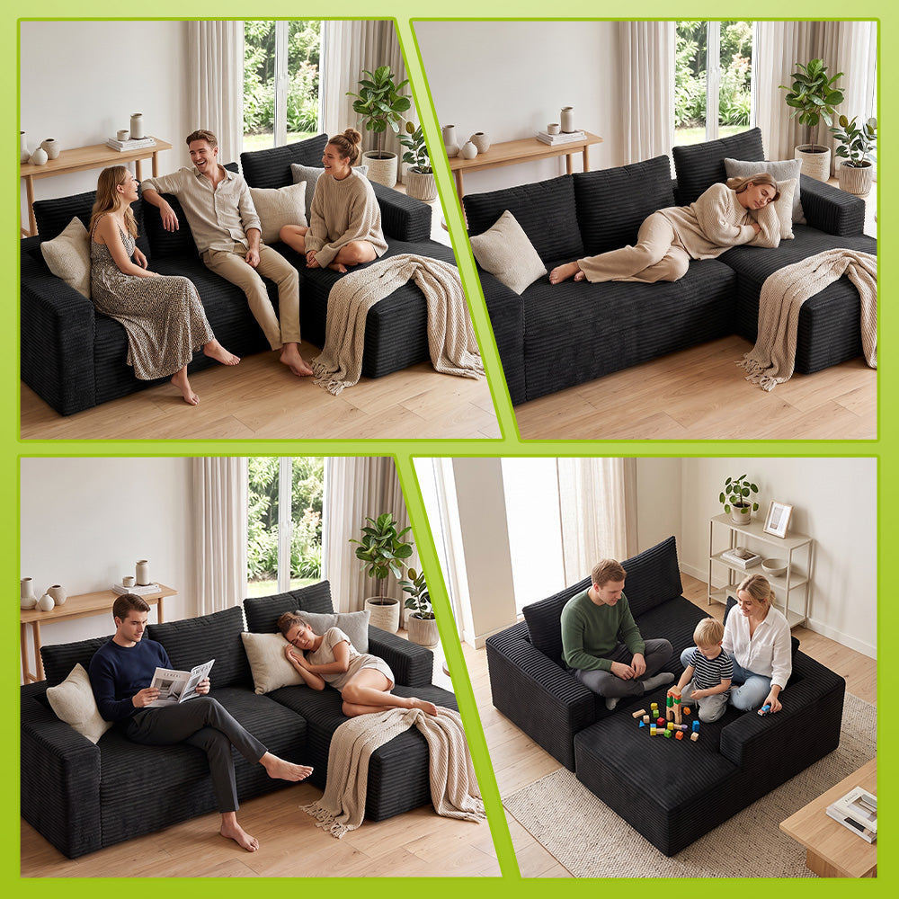 Divano Componibile Modulare Senza Struttura A Forma Di L In Velluto A Coste Con Chaise Longue, Nessun Montaggio Richiesto